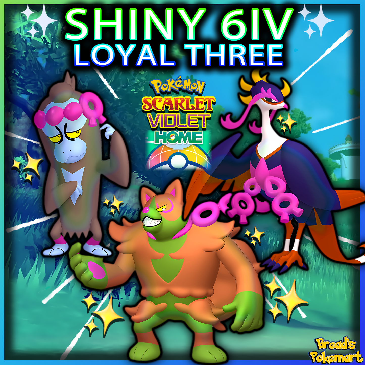Shiny 6IV Loyal 3 - Munkidori + Okidogi + Fezandipiti - Unlocked Shiny Legendaries - lv100 - Home+ EVs