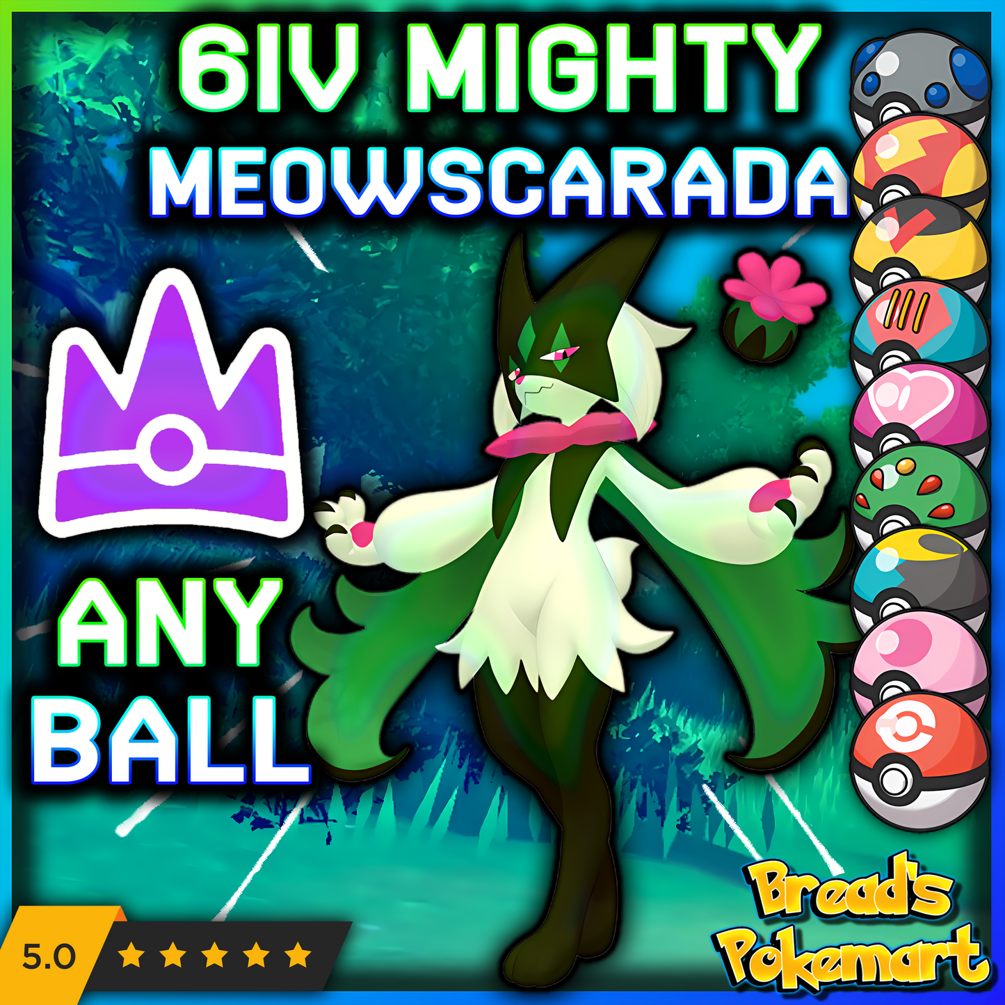 6IV Meowscarada Unrivaled - Mightiest Mark - Raid Caught - ANY BALL