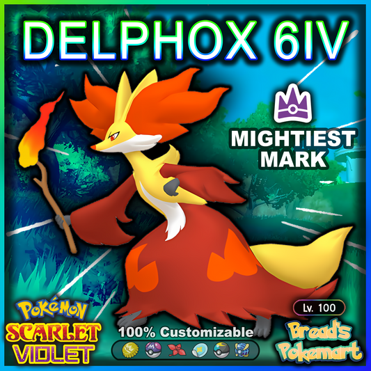 6IV Delphox Unrivaled - Mightiest Mark - Raid Caught - Battle Ready + EVs