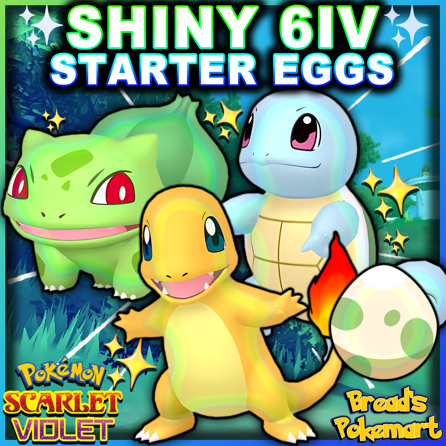 Shiny 6IV Kanto Starters - Charmander + Bulbasaur + Squirtle - Hatch your own shiny lv1 eggs!