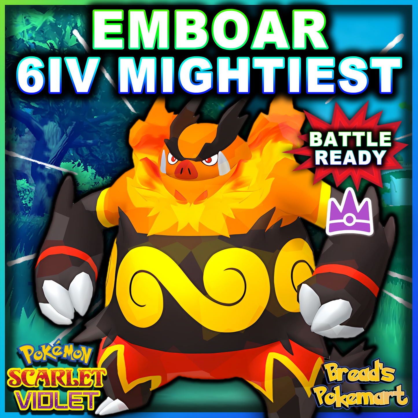 6IV Emboar Unrivaled - Mightiest Mark - Raid Caught - Battle Ready + EVs