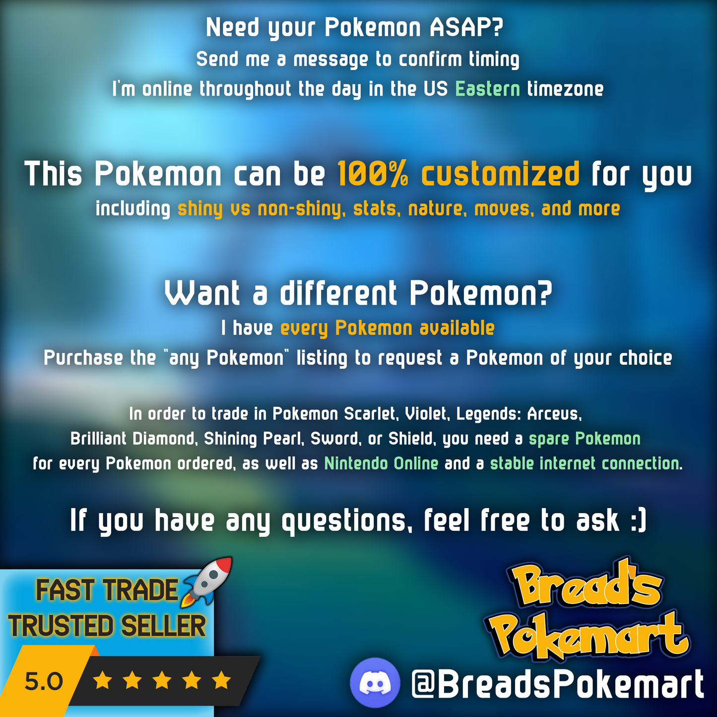 Any Game Fully Customizable Shiny or Non-Shiny 6IV Pokemon (1 Pokemon Per Quantity)